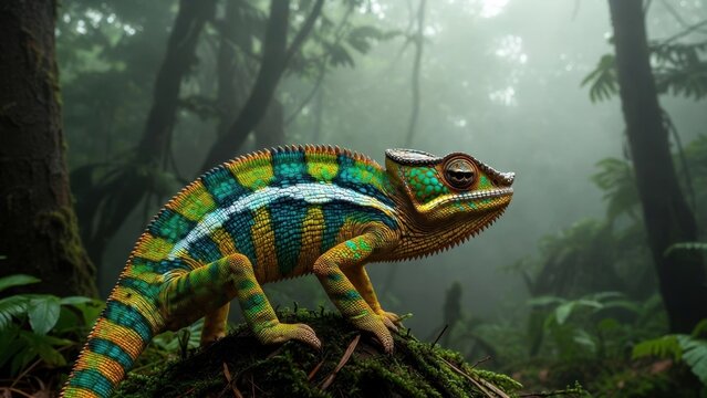 Vibrant chameleon perches on mossy forest floor