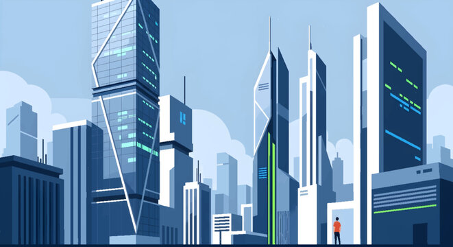 Sleek modern city skyline with towering blue and green skyscrapers, representing advanced technology, urban development, and a smart future metropolis.
