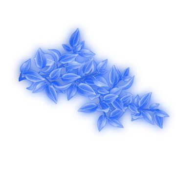Glowing neon blue leaves and hanging plants isolated on  for futuristic nature designs.