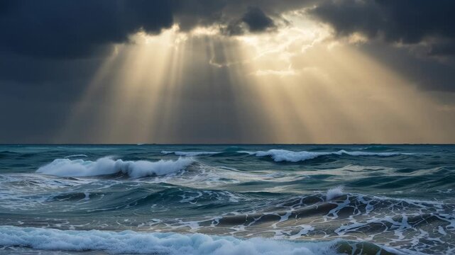 Sunbeams pierce stormy ocean waves, golden light spilling over foamy surf and rolling swells, dark clouds opening above horizon, powerful motion and texture