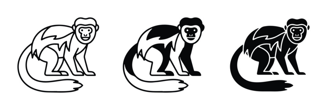 three black and white vector illustrations of monkeys in different styles: outline solid fill and gradient fill
