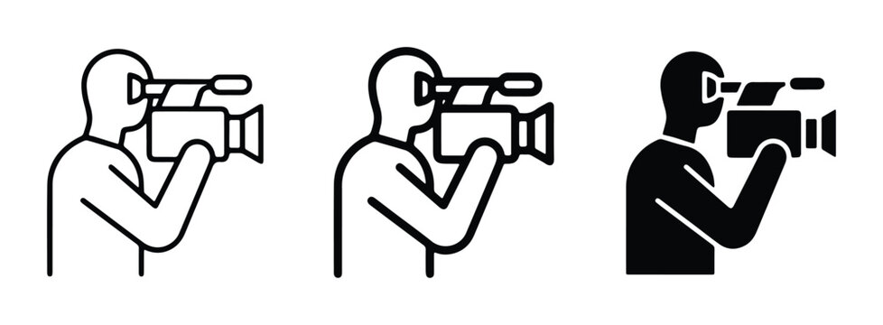 a set of three camera operator silhouettes in black and white vector style