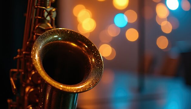 Close up of brass saxophone bell with water drops. Soft bokeh lights in orange and blue colors create a mood for jazz music or live performance. Musical instrument detail.