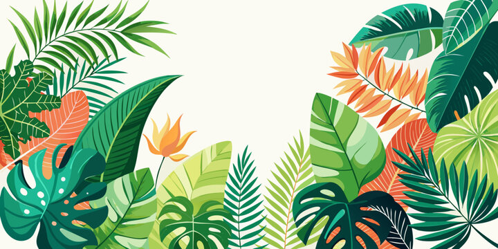 Tropical leaves border with exotic plants and flowers, vector
