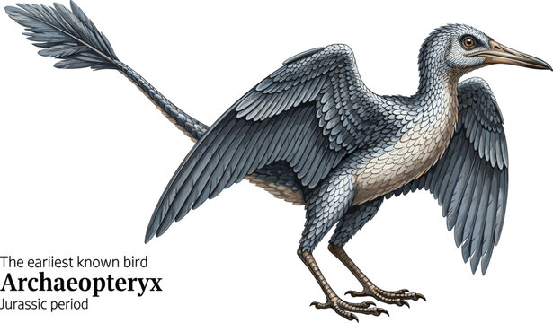 Archaeopteryx prehistoric bird illustration from jurassic period ancient animal.