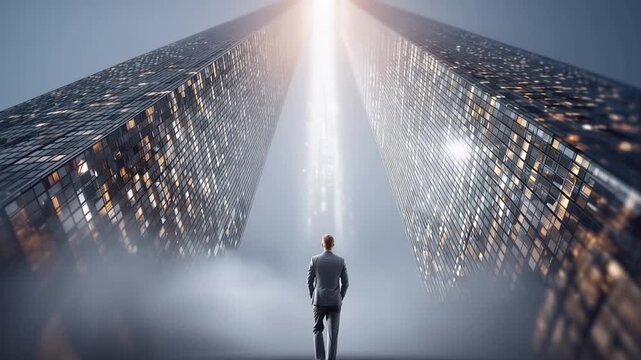 Ascending to Greatness: A solitary figure, silhouetted against a brilliant light, embarks on a journey toward towering, modern architecture. The scene evokes a sense of ambition, aspiration.