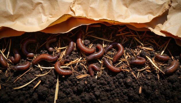 Earthworms dig in dark soil under brown paper. Straw and organic matter create garden bed for composting and nutrient cycle. Natural life processes enrich the earth.