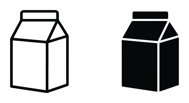 Milk Carton Icons, Dairy Beverage Packaging Vector Graphics, Simple Food Container Symbols, Black and White Drink Box Illustrations
