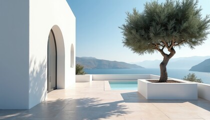 Obraz premium White minimalist terrace with olive tree overlooks blue sea. Bright sunny day with calm water and distant islands. Modern architecture provides serene vacation spot.