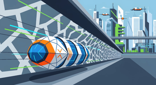 Futuristic hyperloop train traveling through a high-tech tunnel with a modern city skyline and flying drones in the background
