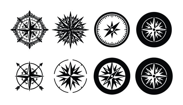Vintage Compass Rose Icons Set, Nautical Navigation Symbols Collection, Retro Wind Rose Graphics for Marine Adventure and Travel Design