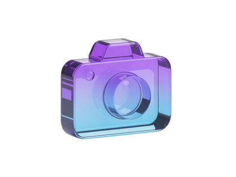 Digital camera with glossy glass texture and purple to cyan gradient isolated on solid white backdrop png isolated on a transparent background