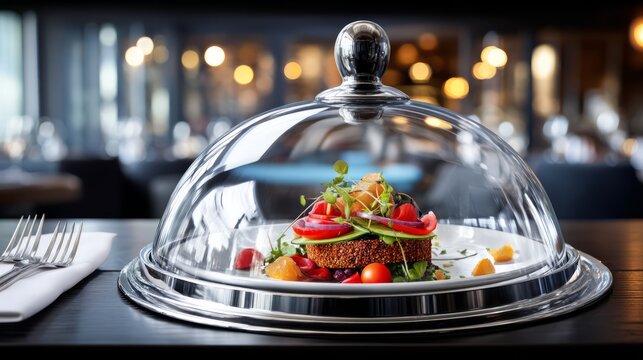 Elegant fine dining setup with polished silver cloch covering gourmet dish
