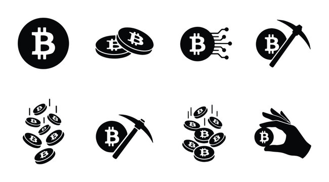 vector set of bitcoin cryptocurrency mining and blockchain symbols on white background