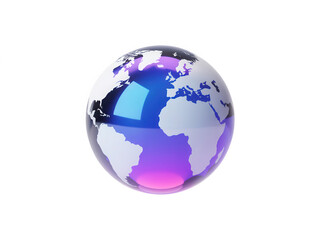 Fototapeta premium Glossy glass globe with detailed map and vibrant purple and blue gradient on white background, earth planet png isolated on a transparent background