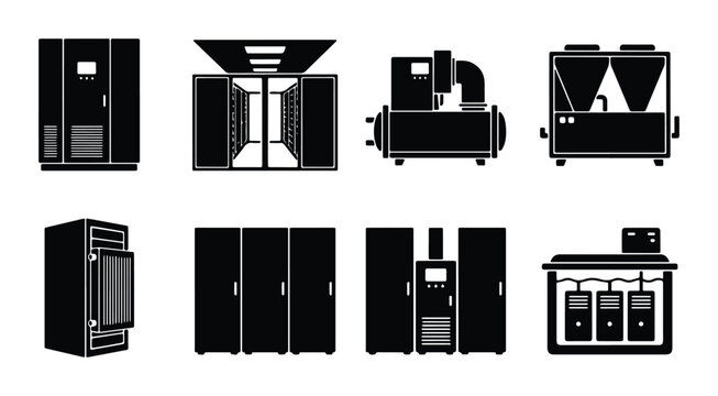 Data Center Equipment Icons, Server Racks, UPS, Cooling Systems, IT Infrastructure Vector Set