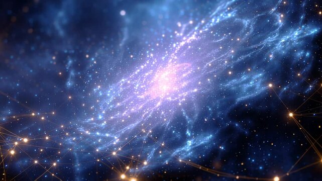 Purple nebula with golden starfield and connecting light nodes, filament lines form web across deep space, warm amber highlights and scattered dust, countless