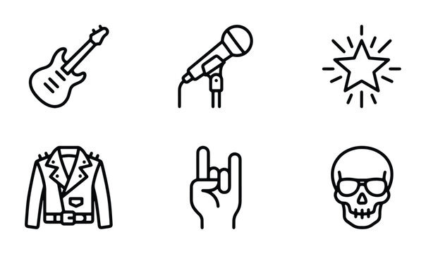 Rock Music Icons Set: Electric Guitar, Microphone, Starburst, Leather Jacket, Hand Gesture, Skull Vector Graphics for Music Events and Band Branding