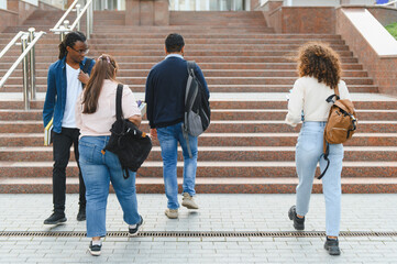 Fototapeta premium Diverse college students walking up university campus stairs