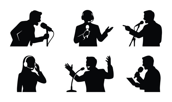 vector set of six silhouettes representing different roles in a radio broadcast: host with microphone co-hosts speaking