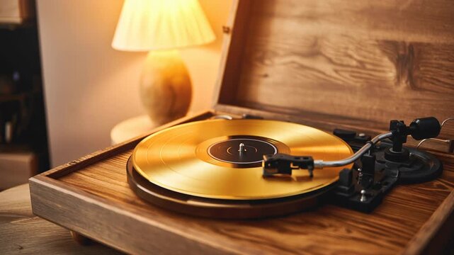 Warm golden vinyl on vintage turntable, soft lamp glow over wooden case, needle resting in groove, closeup detail showing glossy finish and tactile texture,