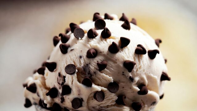 Rich, creamy ice cream swirls with dark chocolate chips
