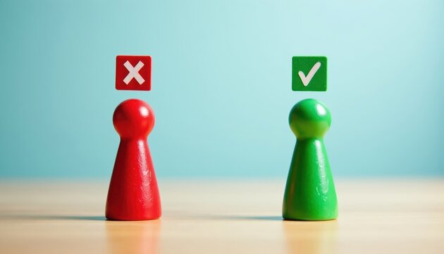 Red pawn with cross symbol, green pawn with checkmark. Concept of right versus wrong decision making. Opposition choice or correct answer.