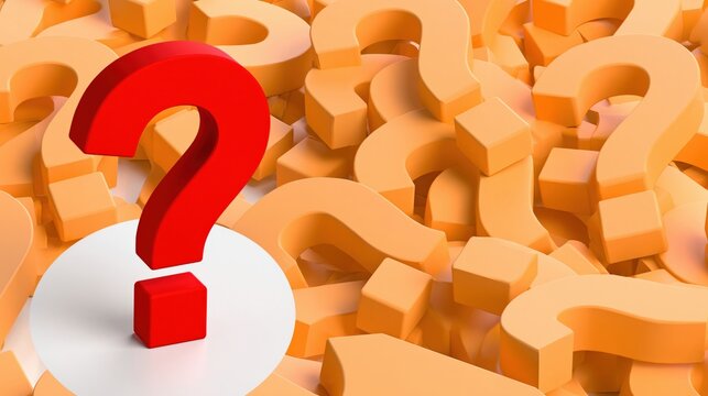 Red question mark standing among stacked orange question marks