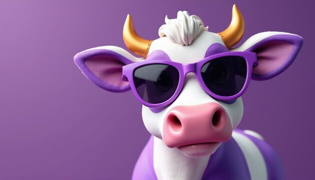 Cartoon cow with purple sunglasses and horns stands on purple background. This playful bovine character is trendy and fun. Its unusual coloring and eyewear make it stand out.