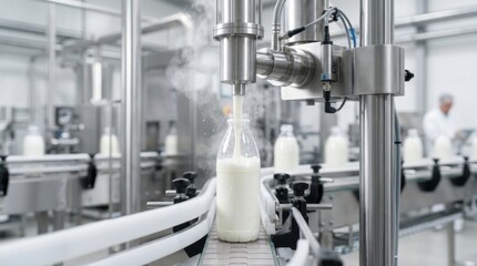 Fototapeta premium Milk pouring from industrial stainless steel spout into clear plastic bottle. Dairy factory bottling process with steam. Fresh milk production concept for food industry.