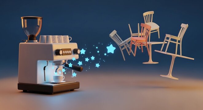 Coffee machine finishing work with upside-down chairs, summer internships theme 