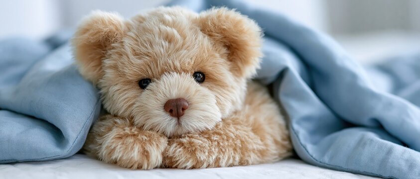 Teddy bear nestled under blue blanket on bed