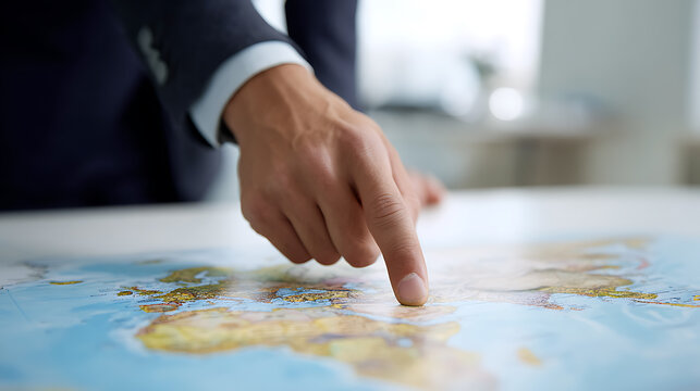 Professional hand points to a location on a world map, illustrating global strategy, business development, and international travel plans