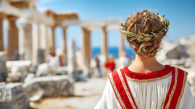 Woman in Traditional Greek Chiton with Laurel Wreath at Historic Ruins