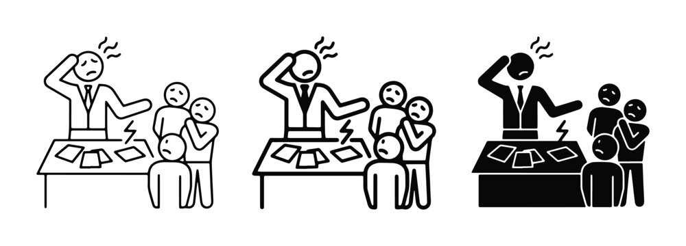 Frustrated Manager Scolding Team, Stressful Workplace Conflict, Business Meeting Chaos, Employee Anxiety Icons