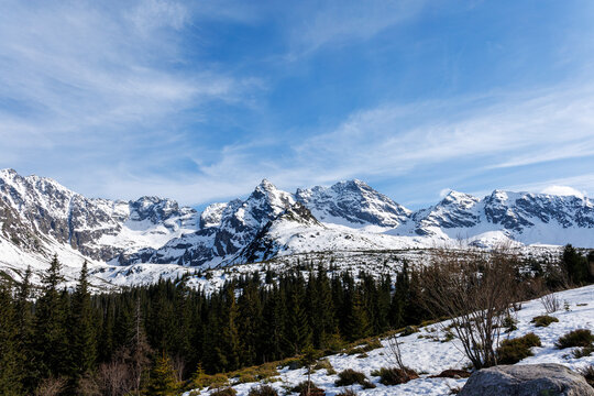 Panoramic view of Kozi Wierch Kościelec Zawrat and Świnica peaks in Tatra Mountains above Hala Gąsienicowa