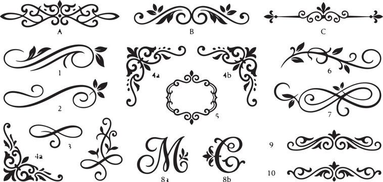 Vintage Calligraphy Flourishes and Ornamental Dividers Set in Black Silhouette Vector Style