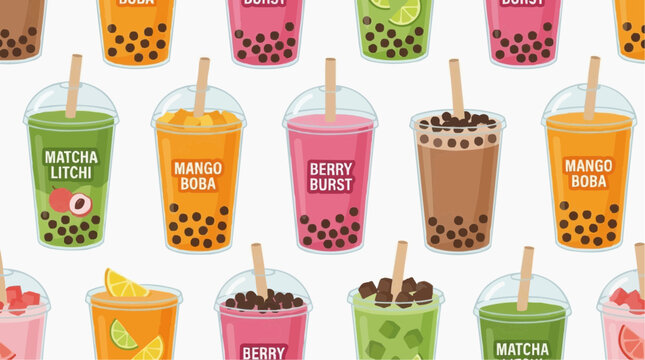 Seamless pattern with various boba tea drinks with different flavors and toppings