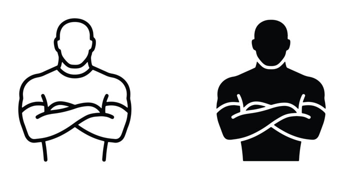 Strongman with crossed arms in black and white vector illustration