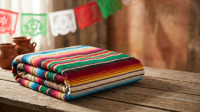 Colorful serape blanket folded neatly on wooden table with decorations  