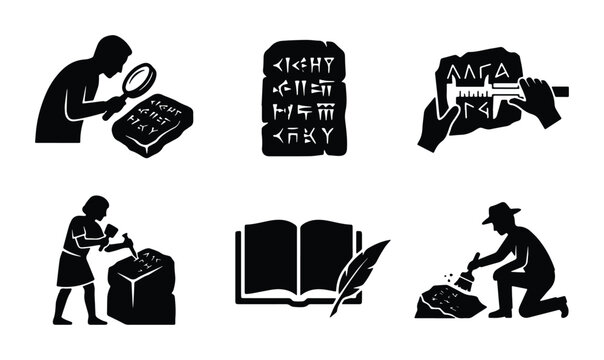 Ancient Writing Tools and Methods Silhouette Set on White Background