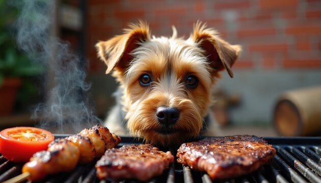 Small terrier dog watches meat cooking on grill outdoors. Pet eagerly waits for food near barbecue on sunny day. Canine wants tasty snack, doggy dreams of steak.