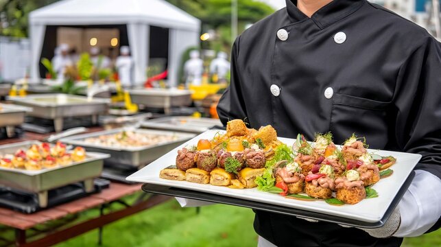 Chef in Uniform Walking Through Food Festival with Delicious Dishes Displayed