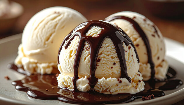 Three scoops of vanilla ice cream drizzled with chocolate sauce on a plate