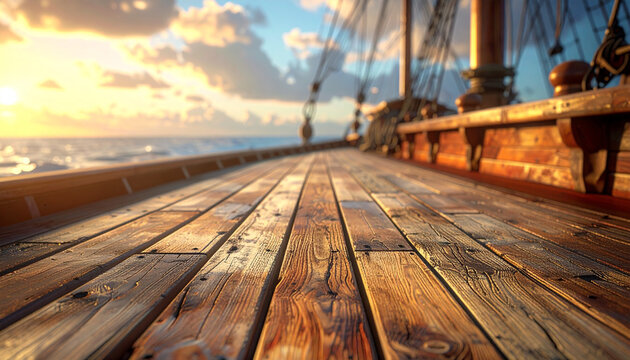 Wooden deck of a sailing ship with ocean view against a sunset sky