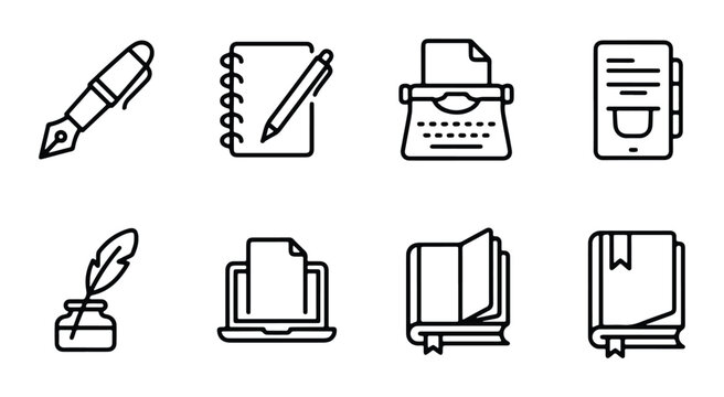 writing instruments and literature outline vector set on white background