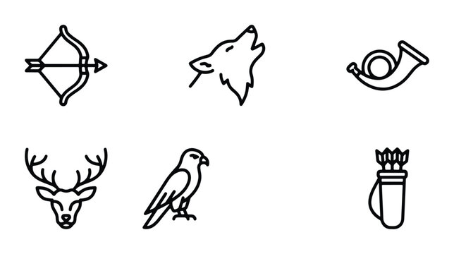 vector set of archery and hunting symbols including bow with arrow hawk deer head quiver horned animal heads and more
