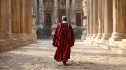 Naklejka premium Historical Figure in Court Attire Walking Through Ancient Architecture
