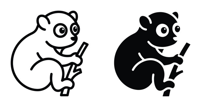 simple black and white vector illustrations of monkey sitting on branch with stick in hand