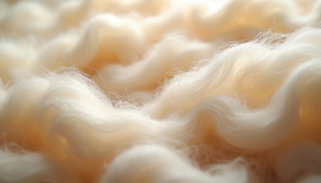 Close up soft natural fiber background. Light beige wool or flax strands undulate gently. Texture resembles fluffy clouds or gentle waves, organic material surface.